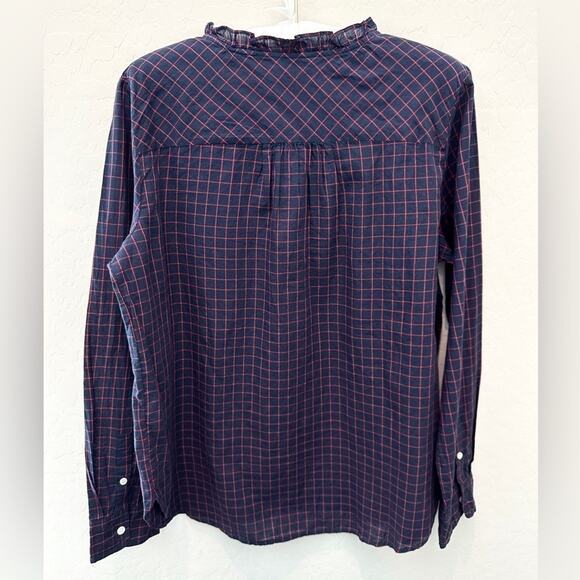 J.CREW MERCANTILE Navy & Red Plaid Blouse Ruffle Collar Long Sleeve | Size 6 - Picture 4 of 7